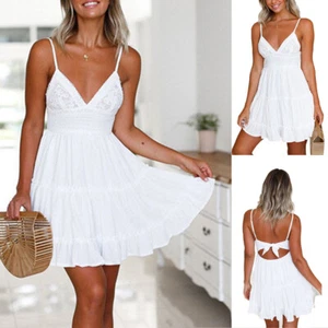 Böhmisches Mini-Strandkleid Sommerkleid Sexy Schlagkleid Urlaub Schlinge ≌ - Bild 1 von 22