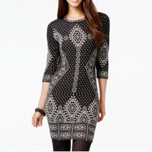 Vestido Suéter Saks Fifth Avenue Negro Tostado Mangas 3/4 Tribal Geométrico Talla Pequeña - Imagen 1 de 12