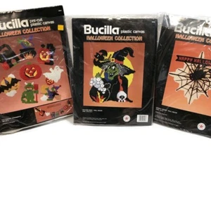 Lot of 3 Vtg 1990 Halloween Wall Decor & Ornaments Bucilla Plastic Canvas BOO! - Picture 1 of 12