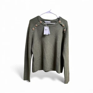 Mango MNG grüner gerippter Strickpullover mit Knöpfen und Schulter Damen XL neu mit Etikett - Bild 1 von 6