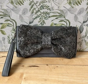 NEXT Evening Bag Grey Satin & Silver Bow Beaded Clutch With Wrist Strap VGC - Picture 1 of 11