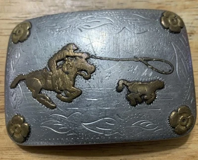 Calf Roping Belt Buckle Solid Nickel Classic Vintage 70s Renalde Denver - Image 1 of 4