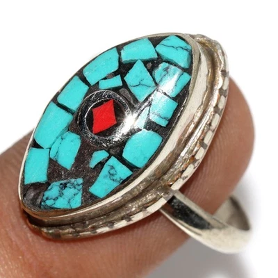 Anillo de piedras preciosas tribales nepalíes coral rojo turquesa tibetano de 10 gms tamaño libre de EE. UU. JW Foto 1 de 3