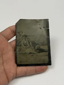 Antique Photograph of Nicely Dressed Couple Beach Background Scene Tintype Photo - Picture 1 of 3