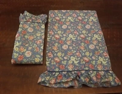 Vtg Waverly Garden Room Twin Flat Sheet & Pillowcase Ruffled Edge Blue Floral  - Image 1 of 4