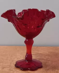 FENTON ART GLASS Ruby Red Footed candy dish 6½" Roses Flowers - Picture 1 of 2