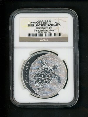 Fiji 2013 $2 Silver 1 oz. NGC BRILLIANT UNCIRCULATED Hawksbill Turtle Taku - Image 1 of 4