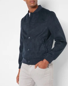 NEW EXPRESS $228 NAVY BLUE FAUX SUEDE BOMBER JACKET SZ XL EXTRA LARGE - Picture 1 of 4