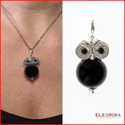 collana donna con ciondolo gufo onice pietre naturali pendente pietra nera sarda - Immagine 1 di 4