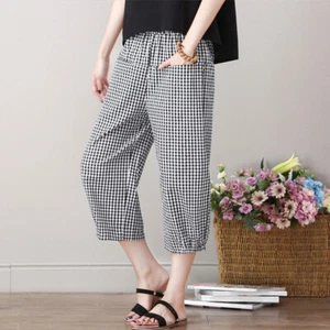 Women Linen Check Tapered Capri Pants Shorts Pocket Ethnic 3/4 Trousers Casual - Picture 1 of 15