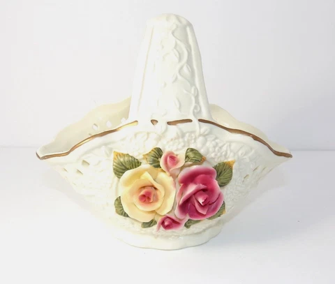 Vintage Porcelain  Basket with floral details , New old stock Cover