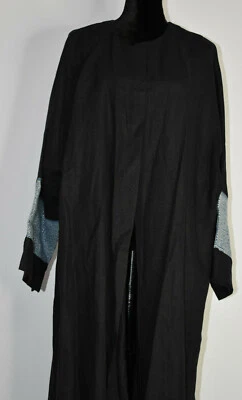 NWT eskandar Size 1 Imperial Open Front Round Neck Black Linen Coat Blue Trim UK - Image 1 of 4