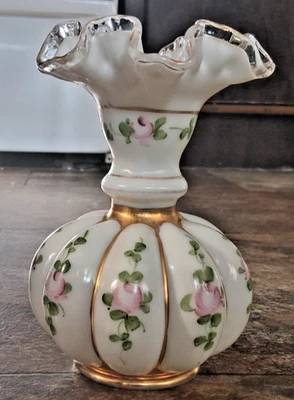 Vintage Fenton Charleton Roses Silver Crest Melon Vase - Image 1 of 4