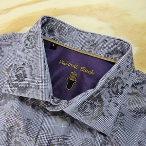 Visconti Black Shirt Mens Large Colorful Floral Geometric Luxury Brushed Poplin - Picture 1 of 11