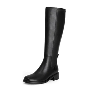 Knee High Boots Women Faux Leather Elastic Boots Low Heel Square Toe 9.5 Black - Picture 1 of 7