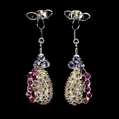 925 Sterling Silver Earrings Round Ruby Sapphire Tanzanite Gemstone Jewelry - Image 1 of 4