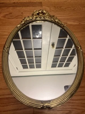 Oval Mirror Gold Guilded Homco MCM Vtg Ornate Hollywood Regency Oval 19.5 x 13 - Image 1 of 4