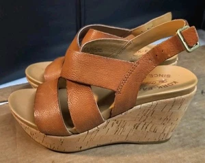 KORK EASY BROWN LEATHER KORK HIGH WEDGE SHOES/SANDALS SZ 5 M EUC - Picture 1 of 8