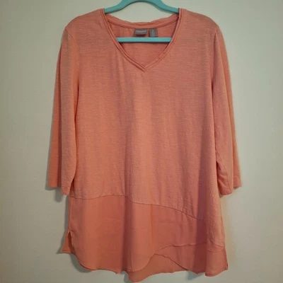 Túnica Top CHICOS Talla 2 Grande Coral Chifón Ribete Tejido en Capas Manga 3/4  Foto 1 de 4