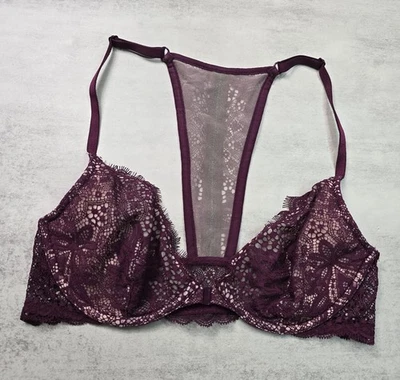 Victorias Secret 34C Very Sexy Lace Unlined Plunge Wire Bra Purple Razorback - Image 1 of 4