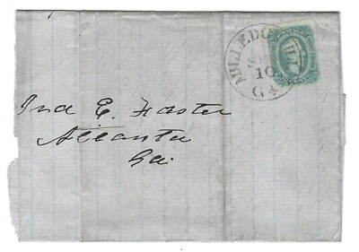 US 1863 CIVIL WAR FOLDED LETTER WITH NEAT MILLEDGEVILLE CANCEL TYING 10 CENT - Image 1 of 3