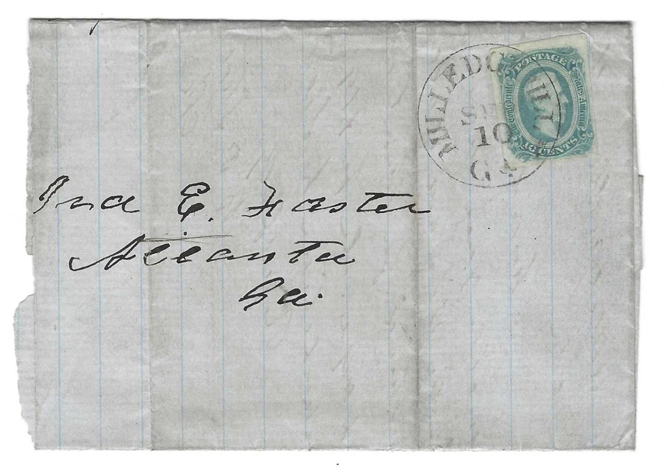 US 1863 CIVIL WAR FOLDED LETTER WITH NEAT MILLEDGEVILLE CANCEL TYING 10 CENT - Image 1 of 3