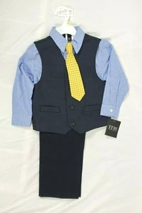 TFW Toddler Boys Navy Blue Striped 4pc Suit Set - Shirt, Vest, Tie, Pants - 4T   - Picture 1 of 2