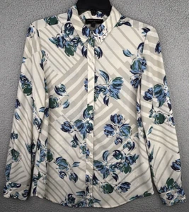 Banana Republic Blouse Womens Small White Blue Classic Fit Button Striped Floral - Picture 1 of 10