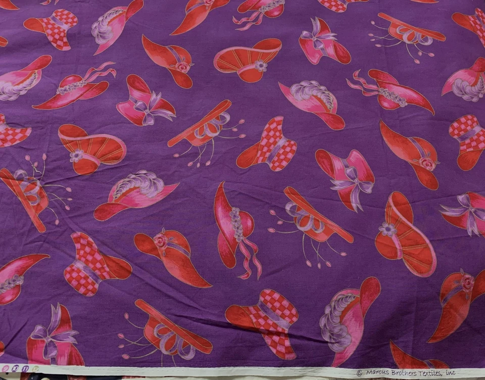 1 1/3 Yards+ Marcus Brothers RED HAT SOCIETY Print FABRIC Cotton Metallic Gold - Image 1 of 1