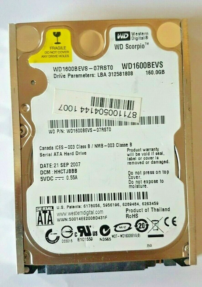 160 GB SATA Western Digital Scorpio WD1600BEVS-07RST0 5400RPM 8MB 2,5 Hard Drive - Image 1 of 1