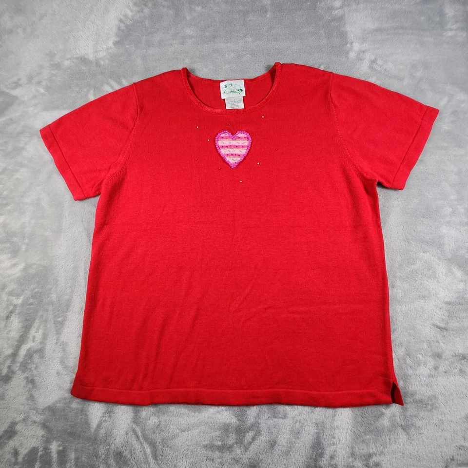 Quacker Factory Valentines Day Heart Sweater Top 1X Red Beaded Novelty Whimsical - Image 1 of 4