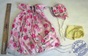 Pink Prairie Rose DOLL's DRESS + BONNET set 1960s vintage doll clothes w/ panty - Picture 1 of 12