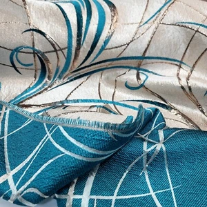 Fabric By The Yard Teal Brocade Swirls Royalty Metallic On Beige Jacquard  - Picture 1 of 13