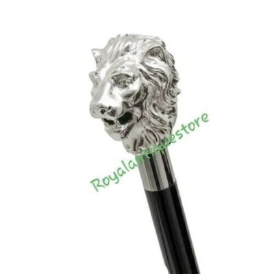 Ancienne canne à pied en bois manche tête de lion en aluminium steampunk naut... - Photo 1/4