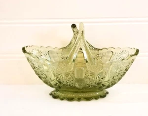 Fenton Art Glass Basket Olive Green Small Daisy & Button Split Handles - Picture 1 of 9