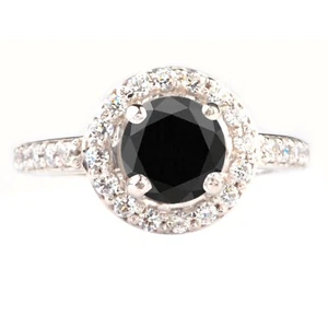 1.61 Carat Round Cut 100% Natural Jet Black Diamond Ring In 925 Sterling Silver - Picture 1 of 8