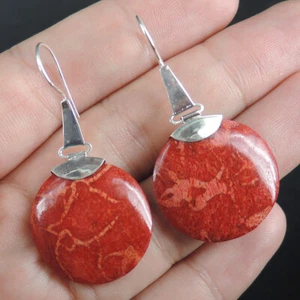 Pendientes redondos de plata de ley 925 de coral rojo natural hechos a mano joyas, RCE-190 - Imagen 1 de 6