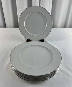 Sango China Granada 3651 White Scroll Leaves Silver Rim Dinner Plates Set of 6 - Picture 1 of 8