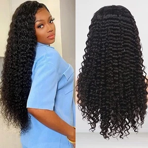 24inch Deep wave Lace Frontal Wig Human Hair 4x4 Lace Closure Wigs Pe Plucked - Picture 1 of 5
