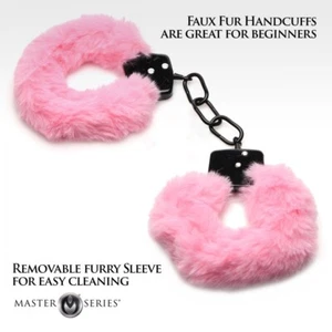 Black Pink Cuffed In Fur Furry Handcuffs Adjustable Quick Release Metal Steel - Picture 1 of 10
