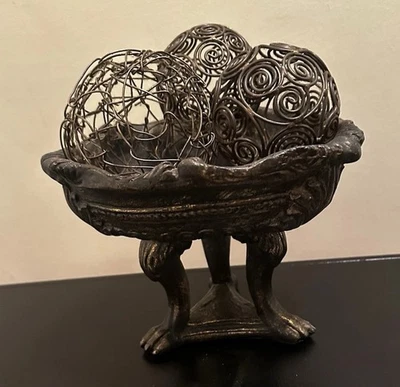 Украшенная керамическая бронзовая чаша центральный элемент на ножках пьедестал декор с проволочными шариками - Изображение 1 из 4