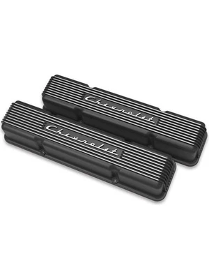 Holley Valve Covers Tall Cast Satin Black Finned Chevy SB Pair (241-108) - Image 1 of 4