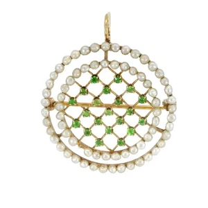 Viktorianischer Demantoid Anhänger Brosche Perle Heiligenschein 14K Gelbgold - Bild 1 von 6