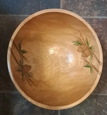 TIGELA DE MADEIRA GRANDE VINTAGE GMS/PINHAS PINTADAS À MÃO 13X12,25 - Imagem 1 de 4