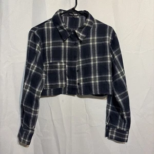 Fashion Nova Blue Plaid Crop Long Sleeved Flanel Shirt Women’s M - Bild 1 von 4