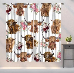 Highland Cow Curtains Western Farmhouse Cute Highland Cattle Art Printed Blac... - Picture 1 of 7