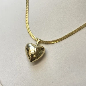 Vintage Gold Tone Puffy Heart Charm Pendant Herringbone Chain Necklace 16" - Picture 1 of 5