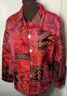 Jaqueta de retalhos bordada acolchoada vermelha feminina French Laundry arte para usar - Imagem 1 de 4