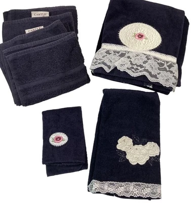 Vintage 90s Bath Towel Set Black Floral Lace Hand Fingertip Washcloth 80s USA - Image 1 of 4