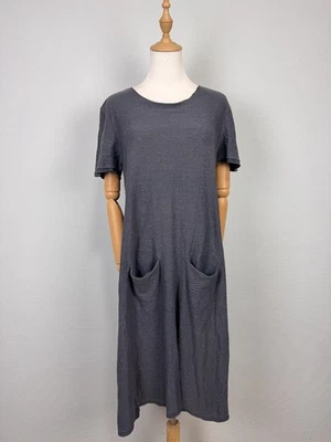 Hannes Roether Blue Cotton Linen Short Sleeve Lagenlook Pockets Knit Dress Sz L - Image 1 of 4